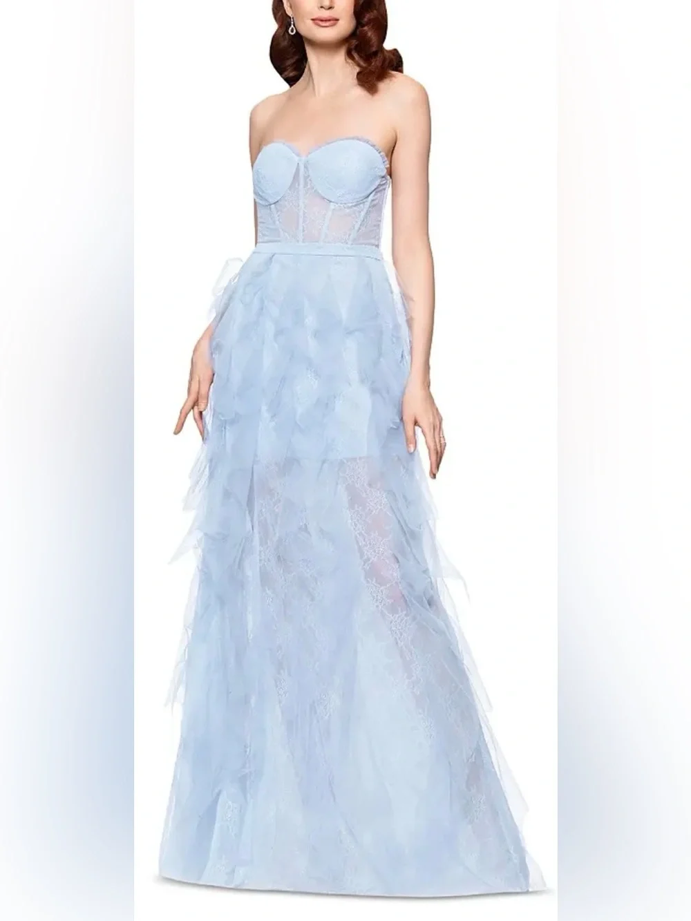 Aqua Strapless Light Blue Ruffled High-Slit Tulle Gown
